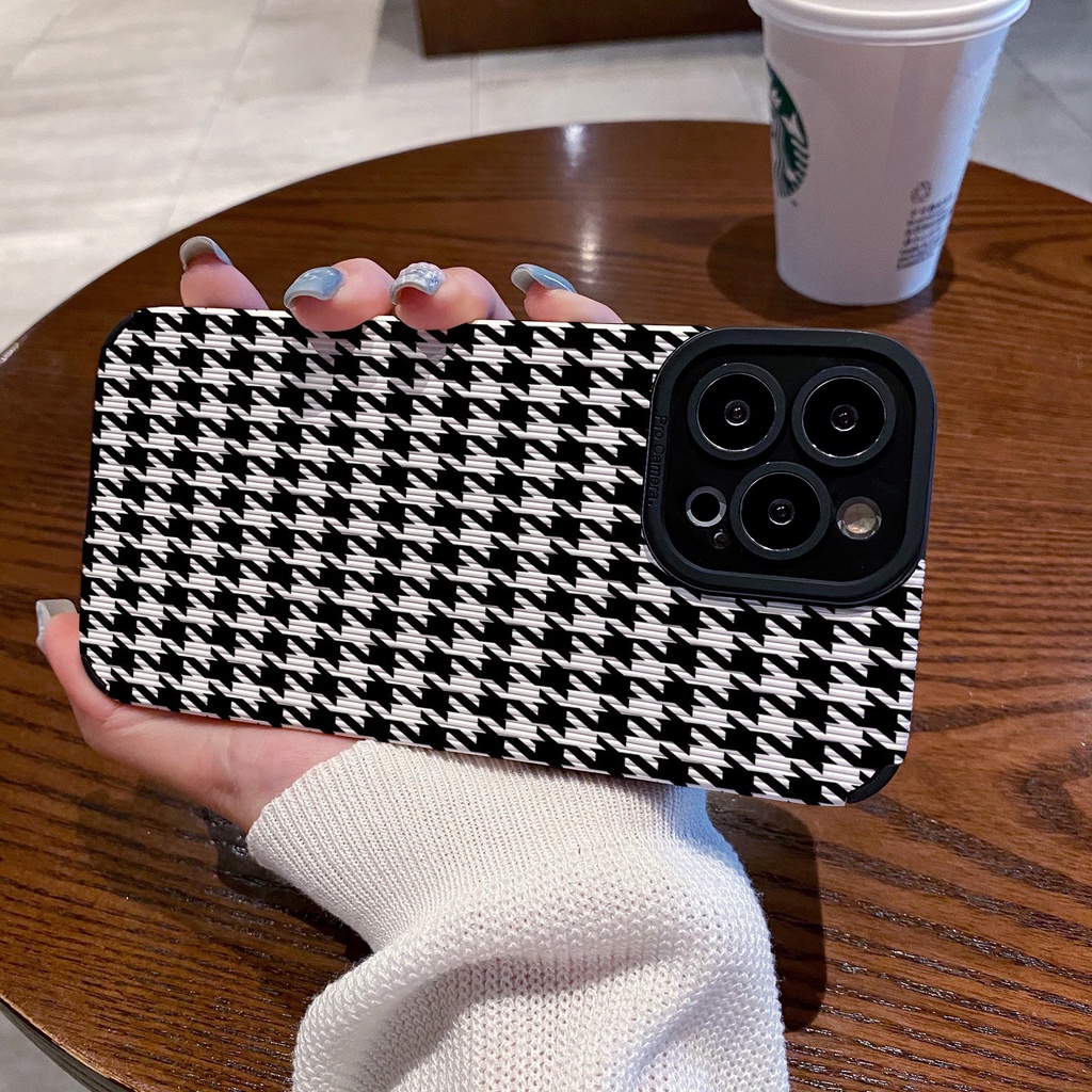 【Lamb Skin】Black and White Houndsto Leather Soft Case for IPhone 6S 7 Plus 8 Plus X XS XR XS Max 11 13 12 14 PRO Max 14 Plus 12 13 Mini Ins Fashion Twisted Stripe Girl Women's Gift