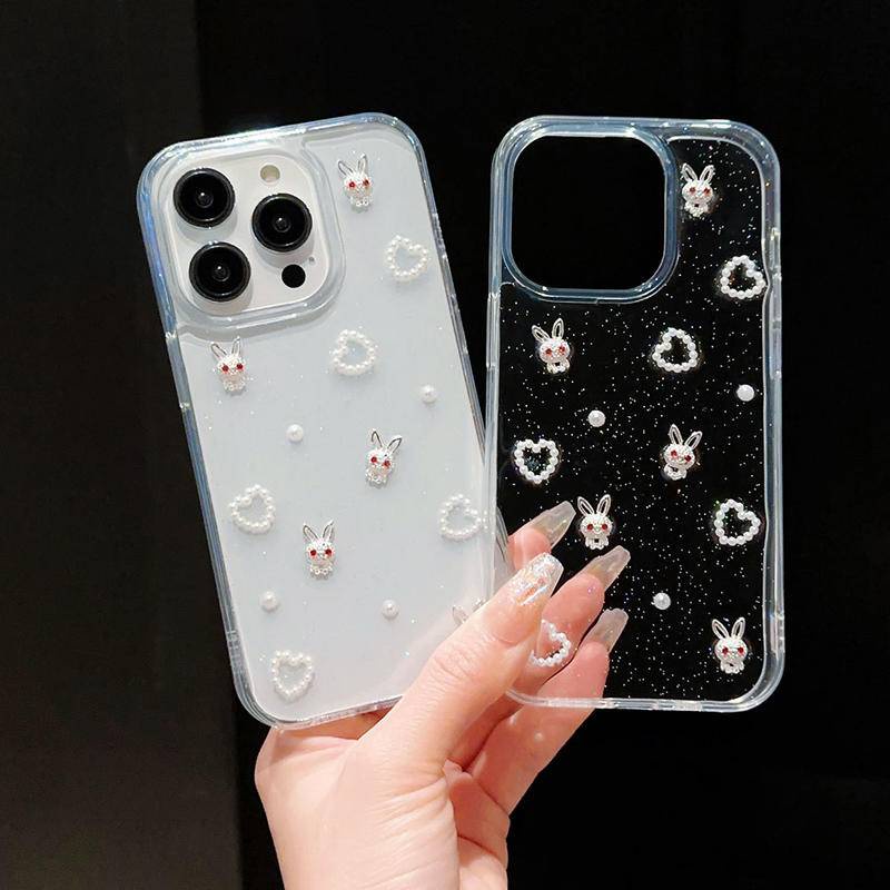 Glitter 3D Mutiara Cinta Transparan Casing Ponsel Untuk iPhone 14 13 12 11 Pro MAX Plus Mini Kartun Kelinci Epoxy Pelindung Soft Cover Untuk iPhone X XS MAX XR 7 8 Plus SE 2022 2020