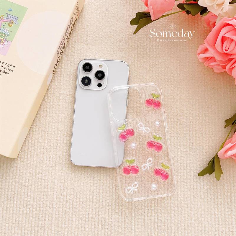 Cute Drop Glue Acrylic Full Screen Cherry Casing Transparan Untuk Iphone14 13 12 11 Pro MAX Plus Mini Shockproof Clear Cover Untuk iPhone X XS MAX XR 7 8 Plus SE 2022 2020