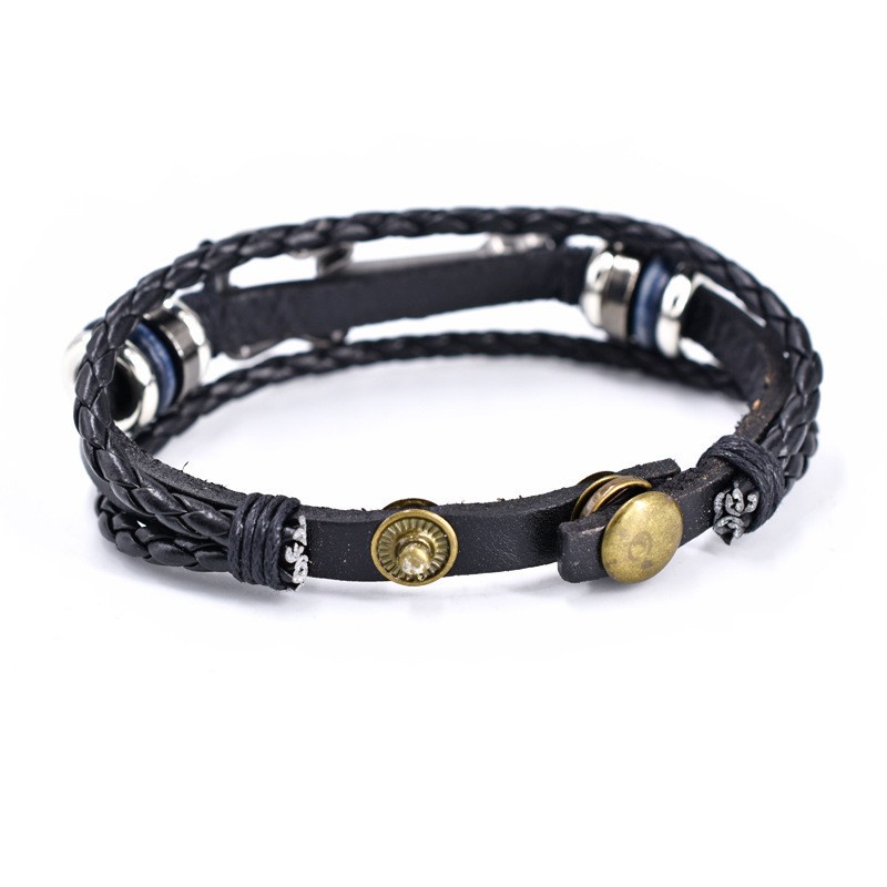 [X C Gelang] Baru Alat Musik Gaya Gelang Hitam Kulit Vintage Hip Hop Punk Gelang Kulit Lengan Manik-Manik Multilayer Zinc Alloy Anyaman Gelang