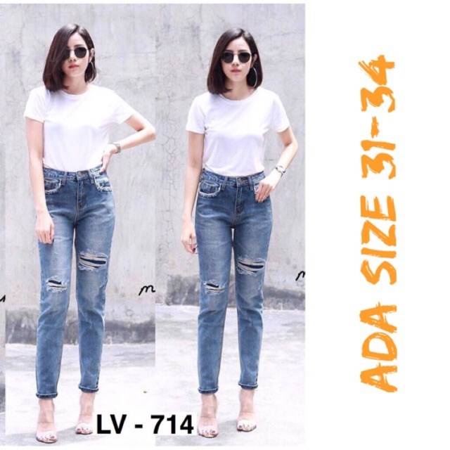 Celana Jeans Wanita Kekinian Boyfriend Sobek Lapis Ripped Cocok Hijab