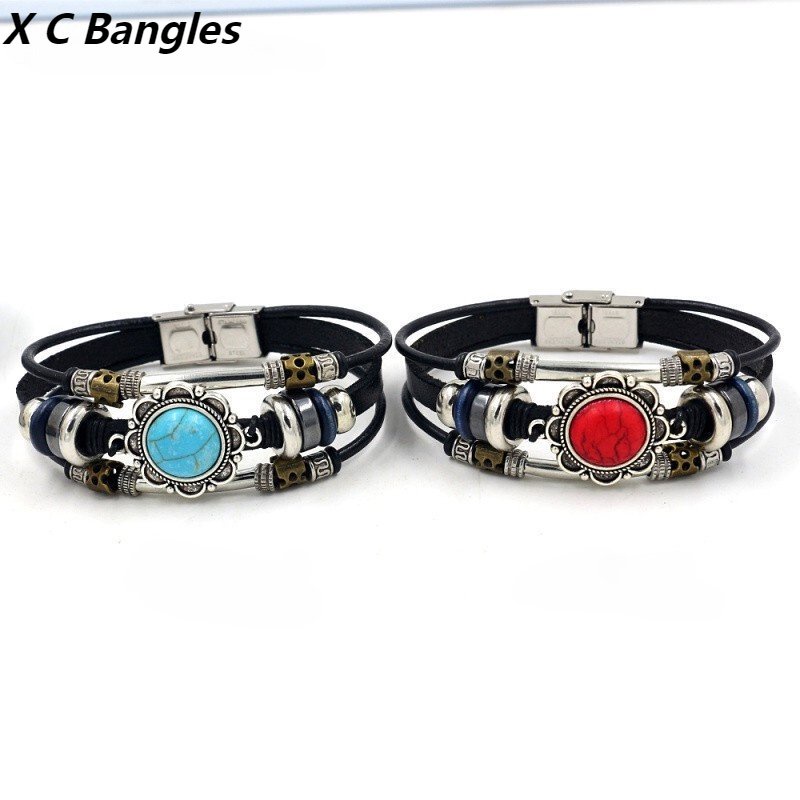 [X C Gelang] Baru Pirus Stainless Steel Gesper Gelang Kulit Hitam Vintage Hip Hop Punk Gelang Kulit Lengan Manik-Manik Multilayer Zinc Alloy Anyaman Gelang