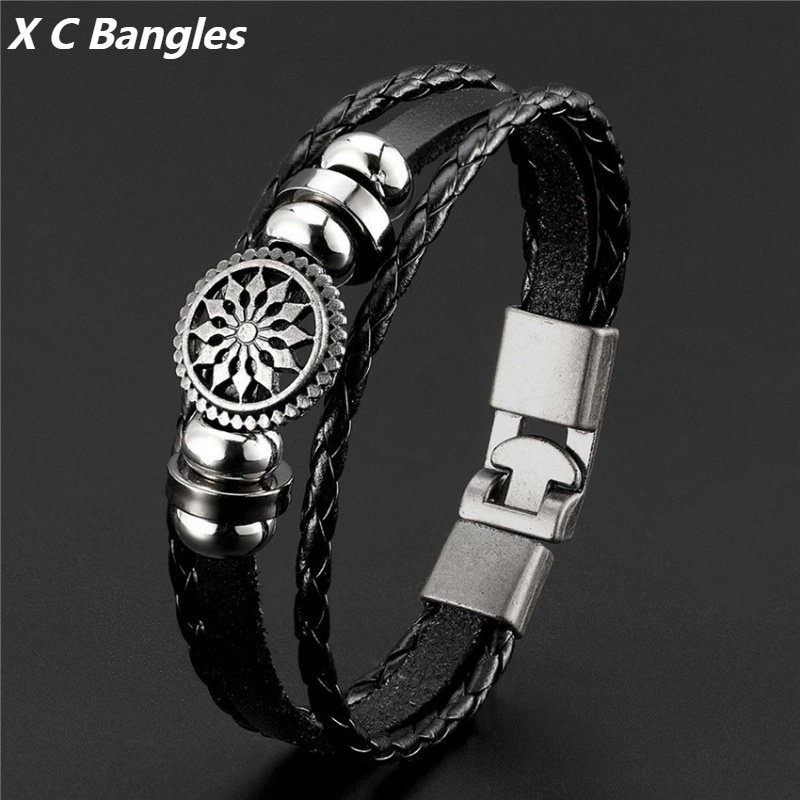 [X C Gelang] Baru Bunga Matahari Gelang Hitam Kulit Vintage Hip Hop Punk Gelang Kulit Lengan Manik-Manik Multi Layer Zinc Alloy Anyaman Gelang