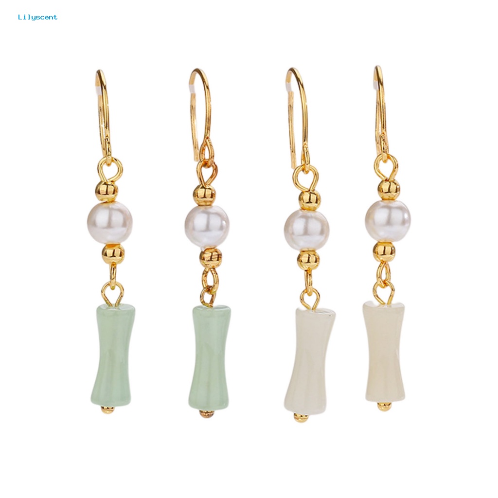 Lilyscent 1pasang Padat Wanita Anting Fashion Perhiasan Putih Imitasi Giok Bambu Bersama Women Earrings Faux Pearl Bead