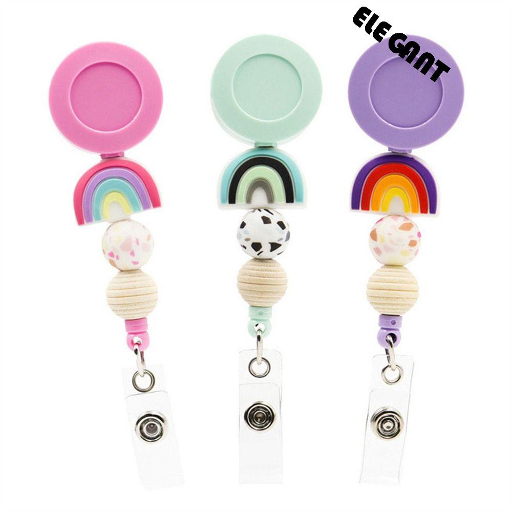 [Elegan] Badge Reel Kantor Supply Colorful Silicone Beaded ID Holder Lanyard Kartu Kerja Klip Name Tag Holder Beaded Badge Reel