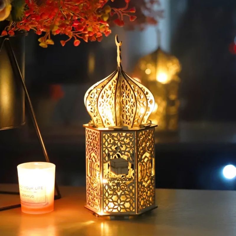 Lampu Lentera LED Bentuk Masjid Eid Mubarak Dekorasi Hiasan Ramadhan Lamp Lattern Bahan Kayu DIY Led