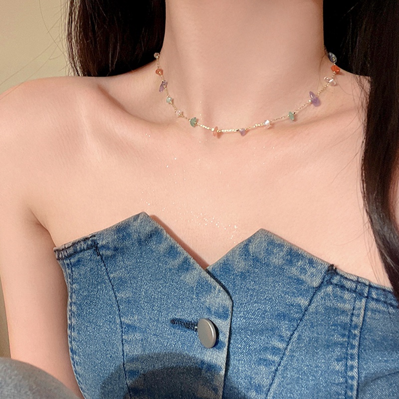Papaozhu Trendi S925 Perak Tidak Teratur Warna-Warni Batu Choker Kalung Untuk Wanita Perempuan Musim Panas Perjalanan Luar Ruangan Gelang Kreatif Leher Aksesoris