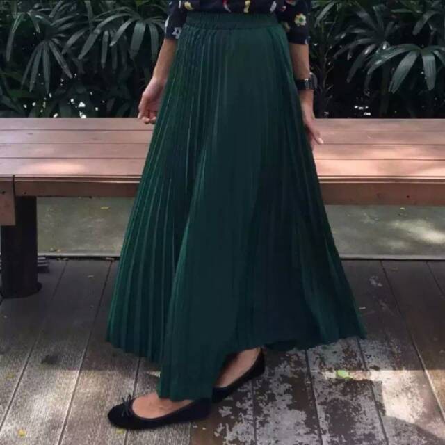 Rok plisket panjang jumbo / Rok plisket payung muslimah warna terang - hijau botol