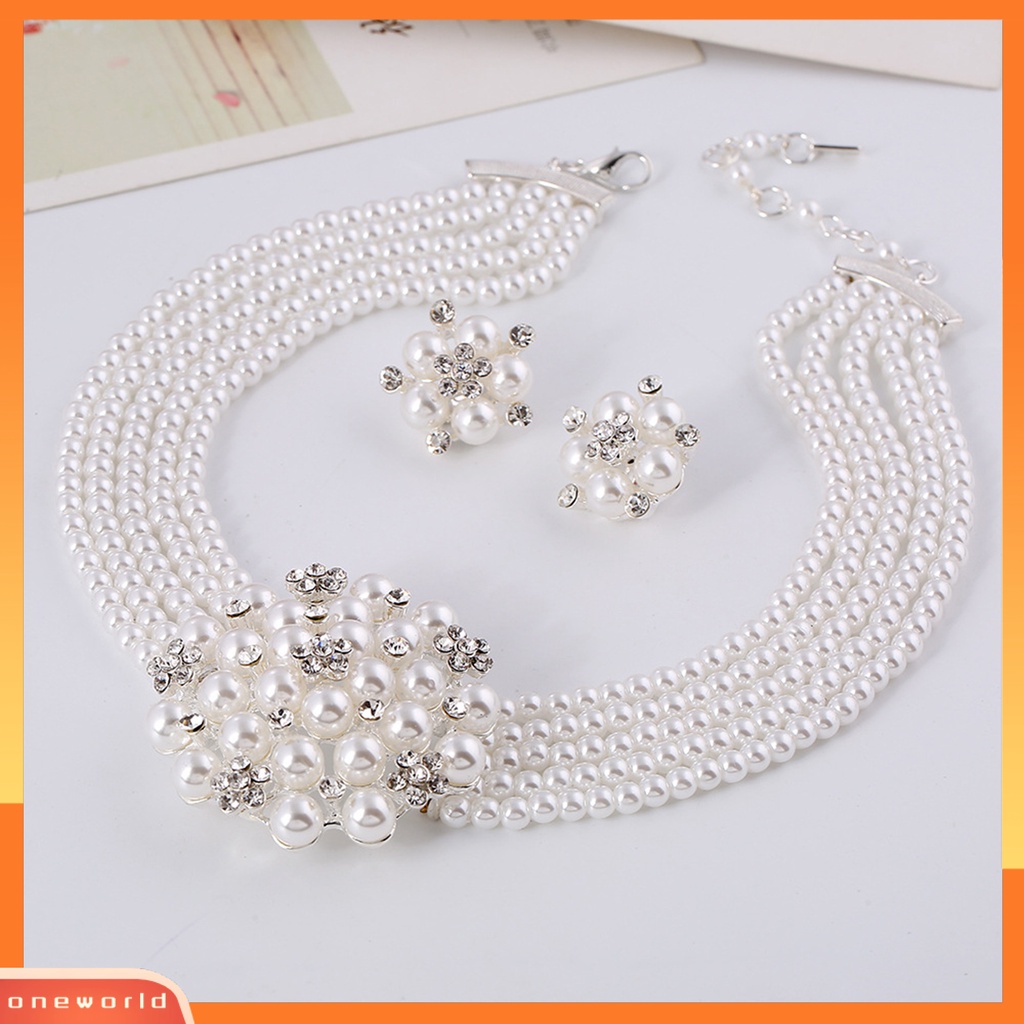 [ONE] 1set Kalung Anting Set High Gloss Mengkilap Terang Kilau Diikat Manik-Manik Mutiara Imitasi Bunga Pernikahan Pengantin Kalung Anting Perhiasan Hadiah