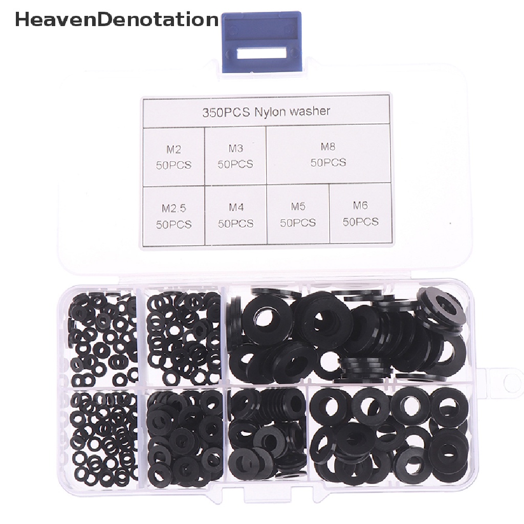 [HeavenDenotation] 350pcs M2/M2.5/M3/M4/M5/M6/M8 Hitam nylon flat washer assortment kit set HDV