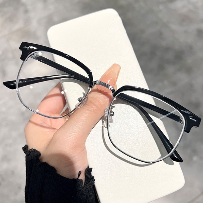 Papaozhu Vintage Hitam Bingkai Persegi Kacamata Semi Tanpa Bingkai Untuk Pria Wanita Unisex Trendy Blue Light Blocking Lens Glasses OOTD Eyewear Trendy Ornaments