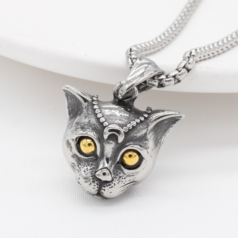 [X C Kalung] Hip Hop Punk Gothic Vintage Perak Titanium Steel Liontin Wanita Bulan Kucing Kelinci Kepala Kalung Rock Pesta Fashion Perhiasan