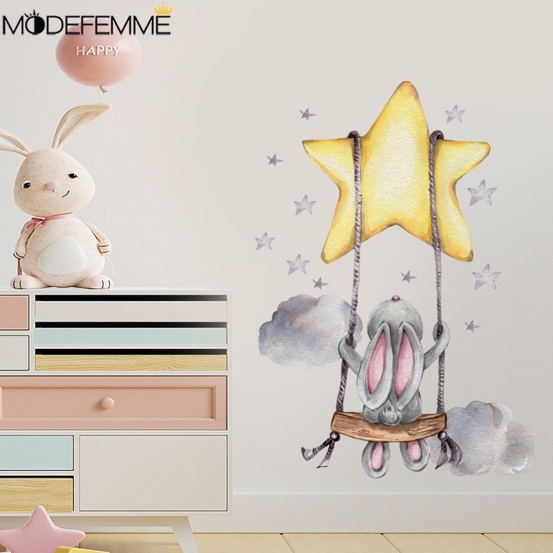 Swing Pola Kelinci Dinding Aplikasi TV Latar Belakang Art Decal Self Adhesive 3D Indoor Stiker Dinding Tahan Air Tahan Debu Wallpaper Aksesoris Dekorasi Kamar Anak