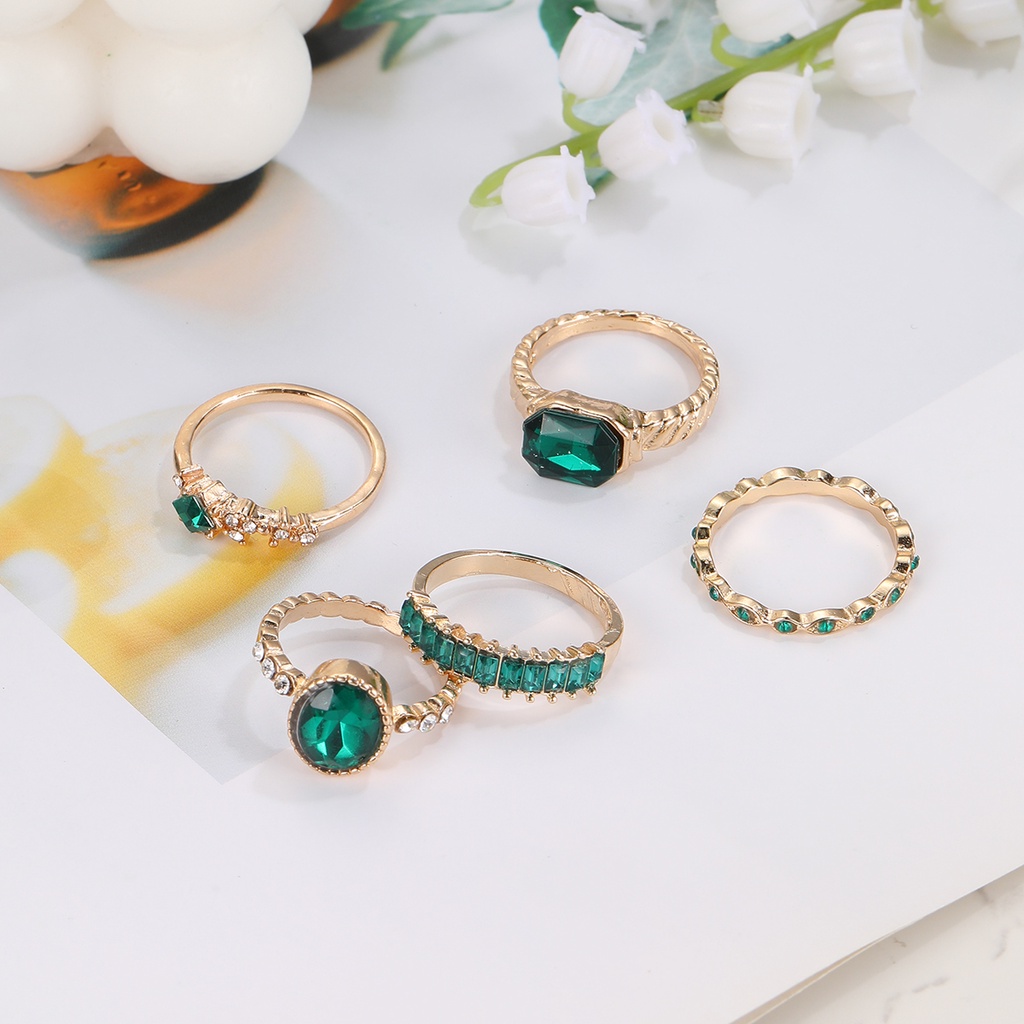 Ifyou 5Pcs/set Cincin Emas Hijau Kristal Zirkon Cincin Untuk Perhiasan Aksesoris Wanita