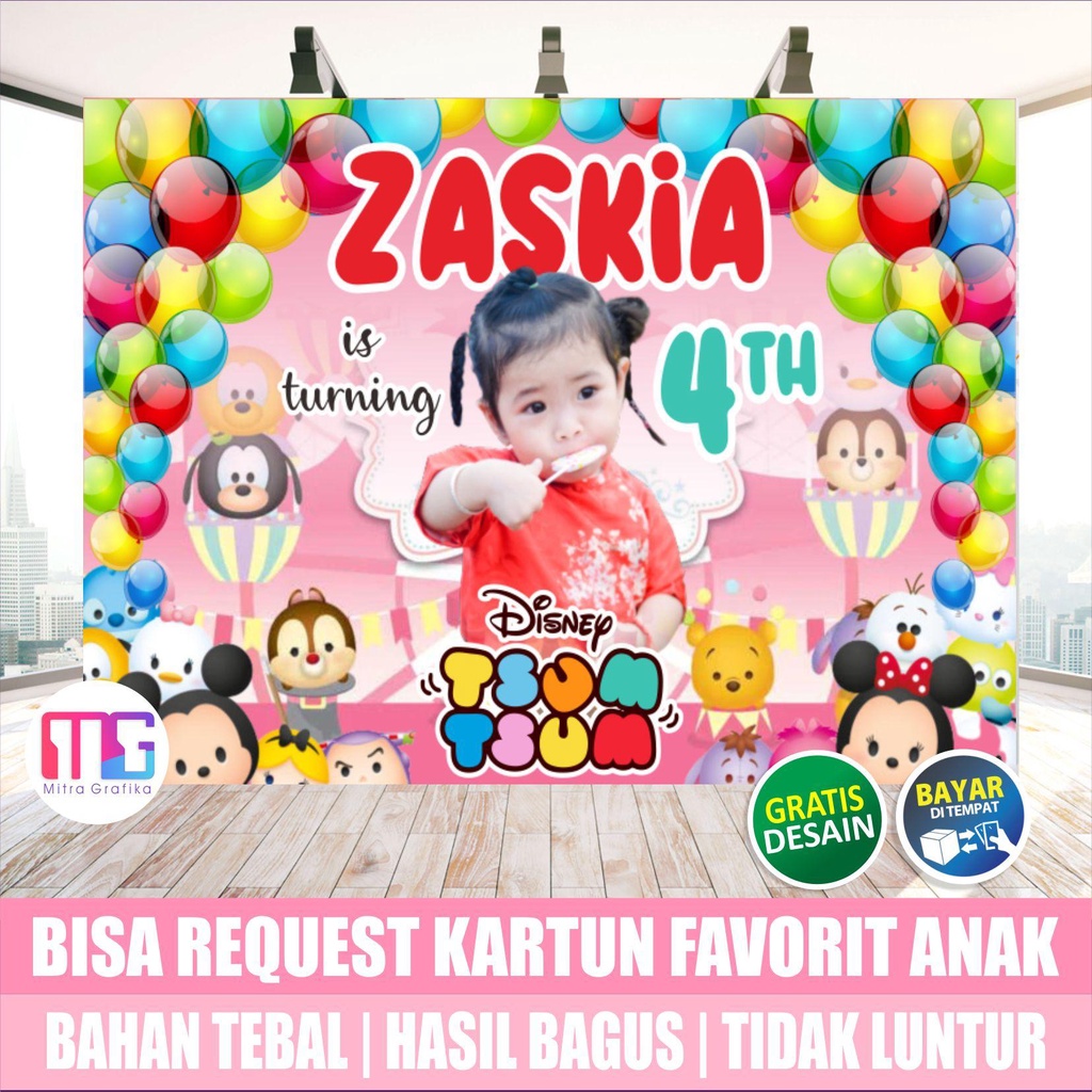 Cetak Spanduk ultah anak tema tsum tsum  / banner ulang tahun anak perempuan /backdrop perlengkapan 