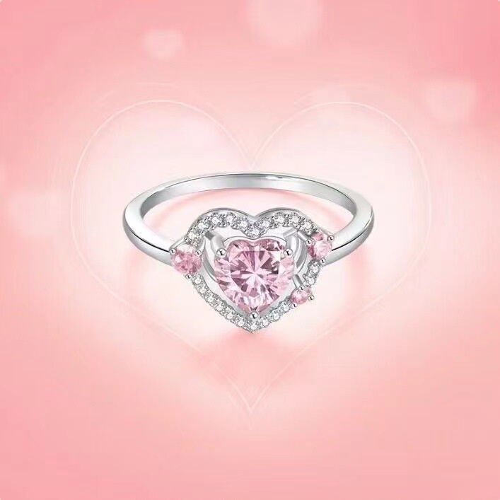 Cincin Perak Kristal Adjustable Pink Zircon Heart Rings Untuk Wanita Fashion Aksesoris Perhiasan