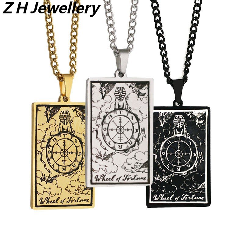 Z H Perhiasan Emas 18K 24K Gold S925 Perak Vintage Punk Alcana Tarot Liontin Fashion Pria Dan Wanita Anti Karat Roda Takdir Kalung Hip Hop Aksesoris Pesta