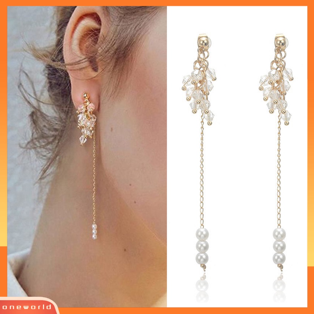 [EONE] 1pasang Menjuntai Anting Kristal Imitasi Rumbai Panjang Simulasi Mutiara Kepribadian Stainless Telinga Dekorasi Hadiah Ulang Tahun Pesta Prom Gantung Anting Perhiasan Pernikahan