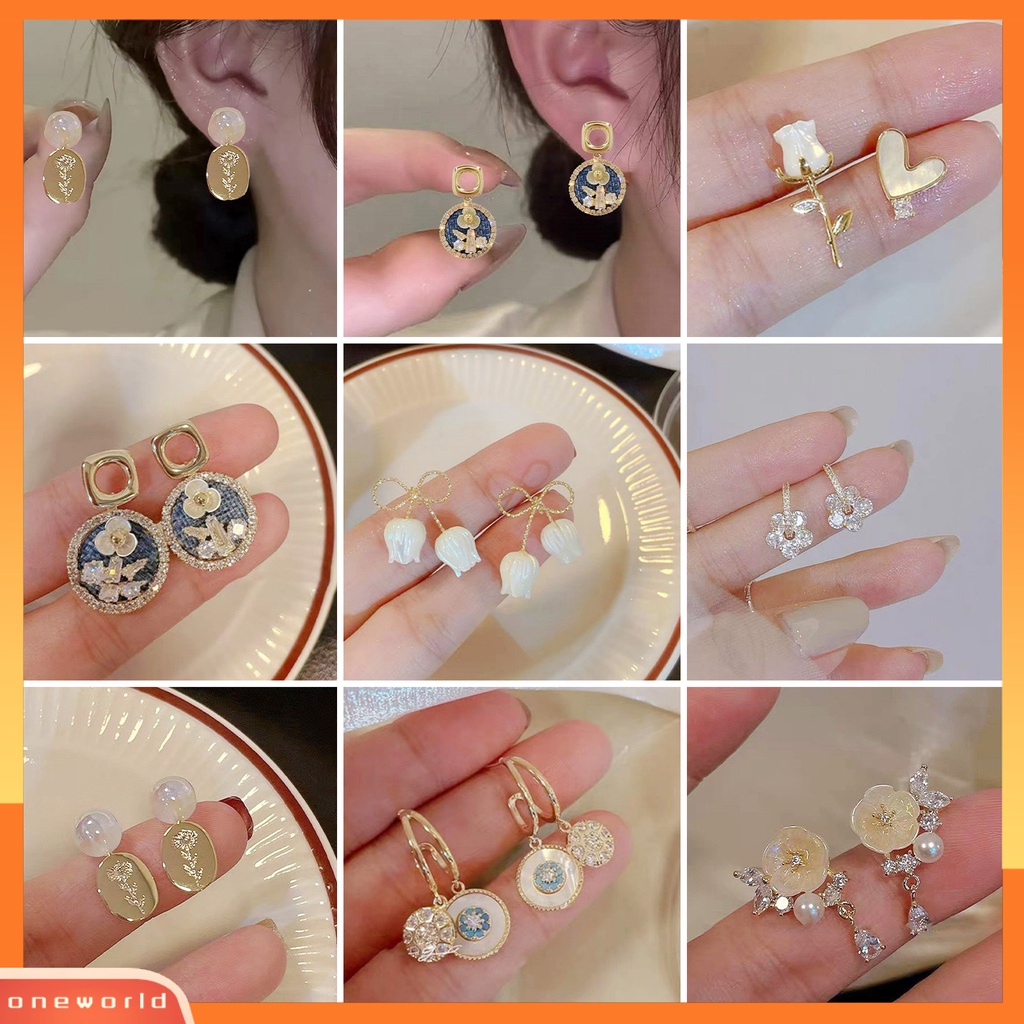 [EONE] 1pasang Anting Menjuntai Glitter Hiasan Telinga Mutiara Imitasi Gaya Perancis Temperamen Bunga Hias Berlian Imitasi Stud Earrings Untuk Pacaran