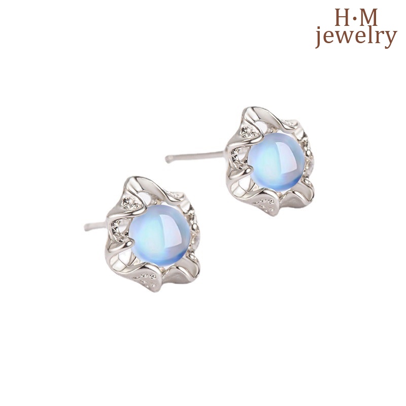 S925 Perak2023Baru Trendi Tidak Teratur Moonstone Renda Anting Pejantan Retro Elegan Bermutu Tinggi Anting-Anting