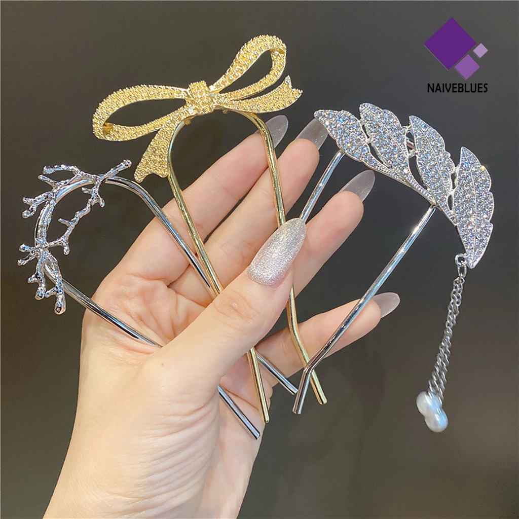 &lt; Naiveblues &gt; U-shaped Tassel Mutiara Imitasi Rambut Garpu Hadiah Elegan Ikatan Simpul Berlian Imitasi Tongkat Aksesoris Rambut