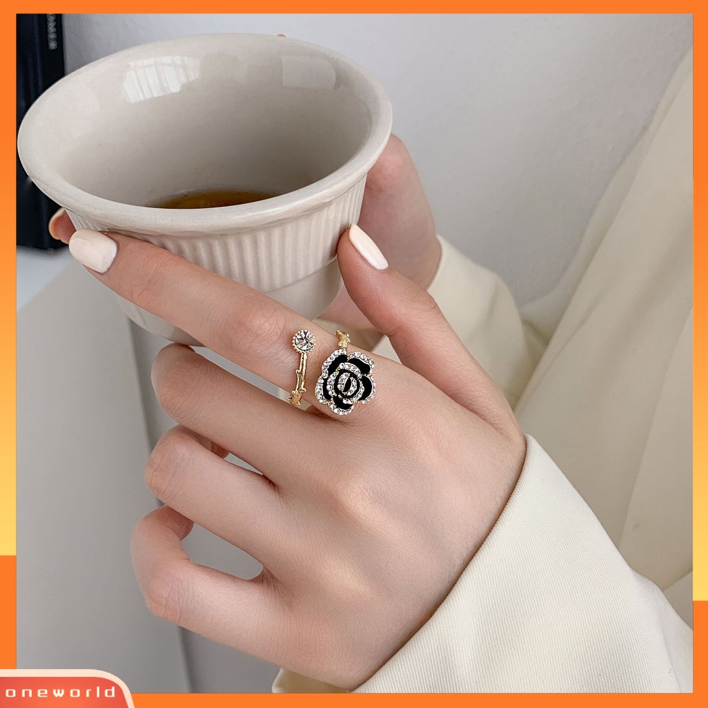 [EONE] Cincin Pengantin Gaya Vintage High-end Lengket Besar Bentuk Mawar Hitam Pembukaan Knuckle Ring Perhiasan Perempuan