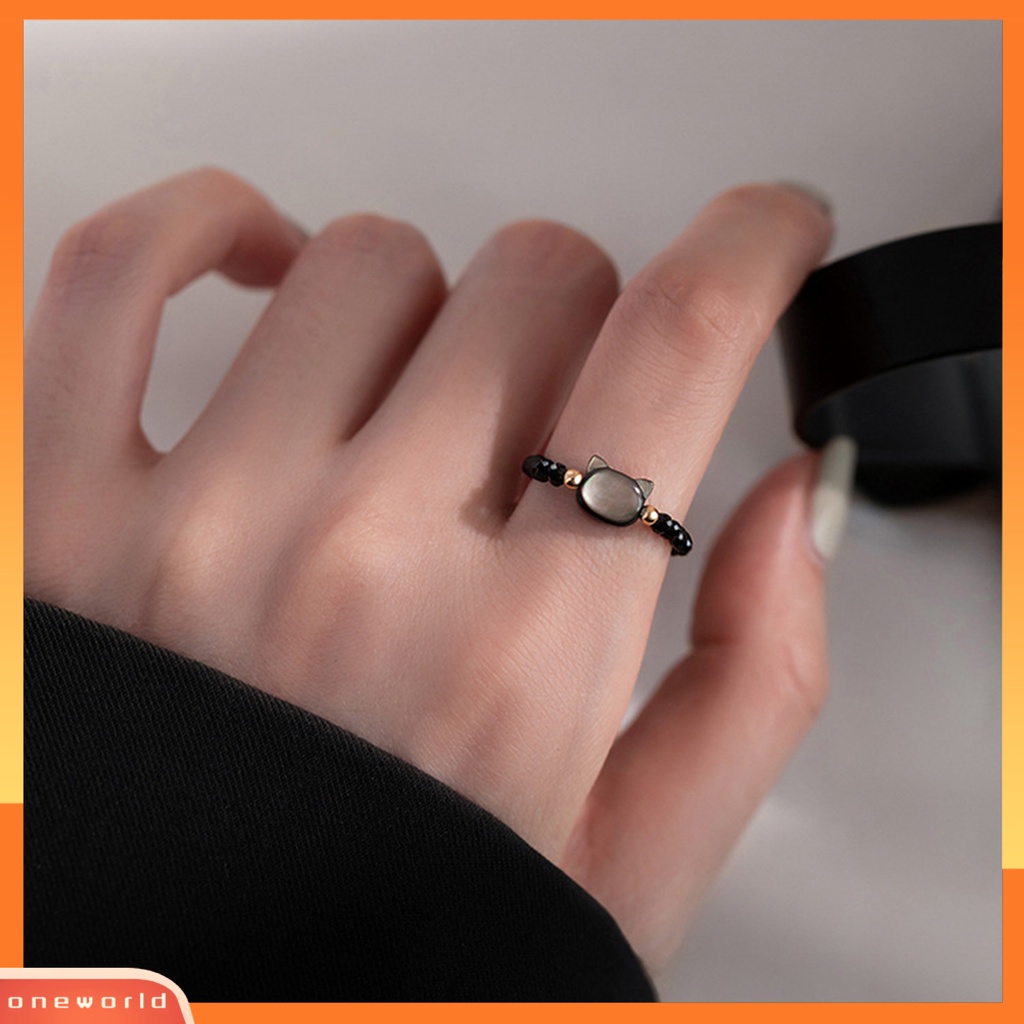 [EONE] Couple Ring Beads Cute Cat Melar Adjustable Tidak Luntur Hias Hadiah Hitam Putih Imitasi Kristal Jari Cincin Perhiasan Aksesoris Fashion