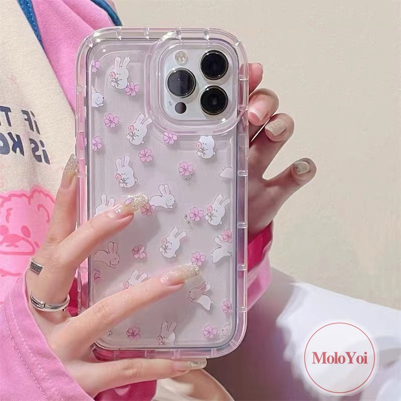 IPHONE Lucu Kartun Kelinci Cover Kompatibel Untuk Iphone11 7Plus 8Plus XR 14 13 12 Pro MAX 6 6S Plus X XS MAX Ins Fresh Flower Airbag Shockproof Transparan Tpu Soft Phone Shell Case