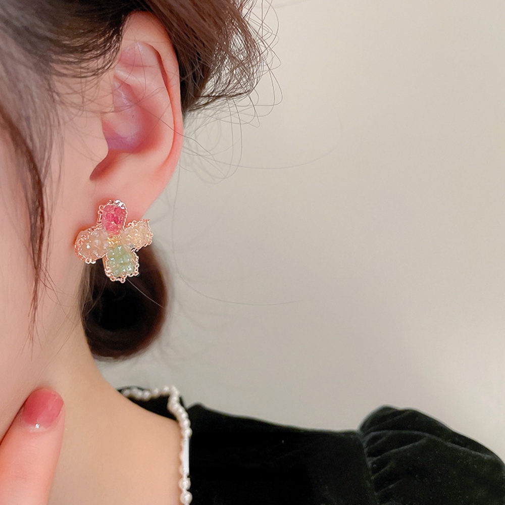 Deartiara Anting Bunga Kristal Imitasi Berwarna Vintage Dengan Desain Kecil, Anting Kelopak Empat Warna Segar Dan Elegan