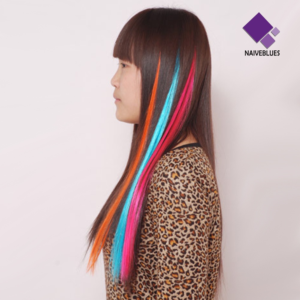&lt; Naiveblues &gt; Rambut Sintetis Wanita Panjang Lurus Multi Warna Ekstensi Wig Pesta