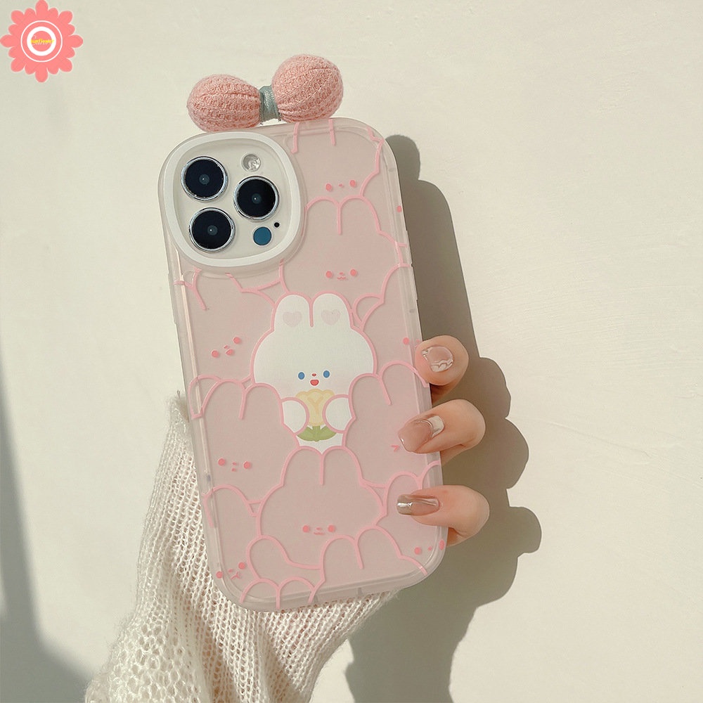 IPHONE 3d Ikatan Simpul Hias Lovely Case Kompatibel Untuk Iphone11 14 13 12 Pro Max 7Plus XR X XS Max7 8 6 6s Plus SE 2020 Kartun Lucu Kelinci Lembut Shockproof Cover