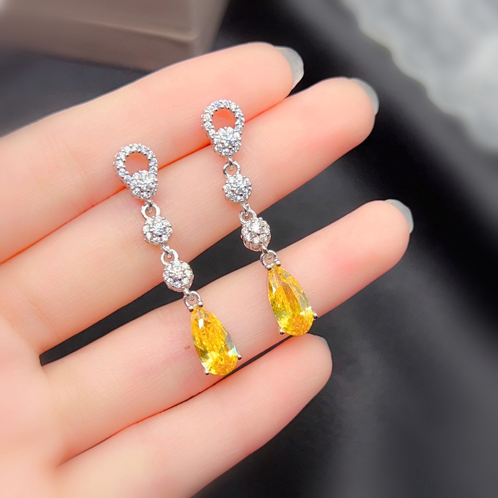 Goldkingdom Aksesoris Perhiasan Fashion Ready Stock Butik Anting Kecubung, Perempuan Berlian Bertatahkan, Berlian Kuning Keuangan Anting Panjang