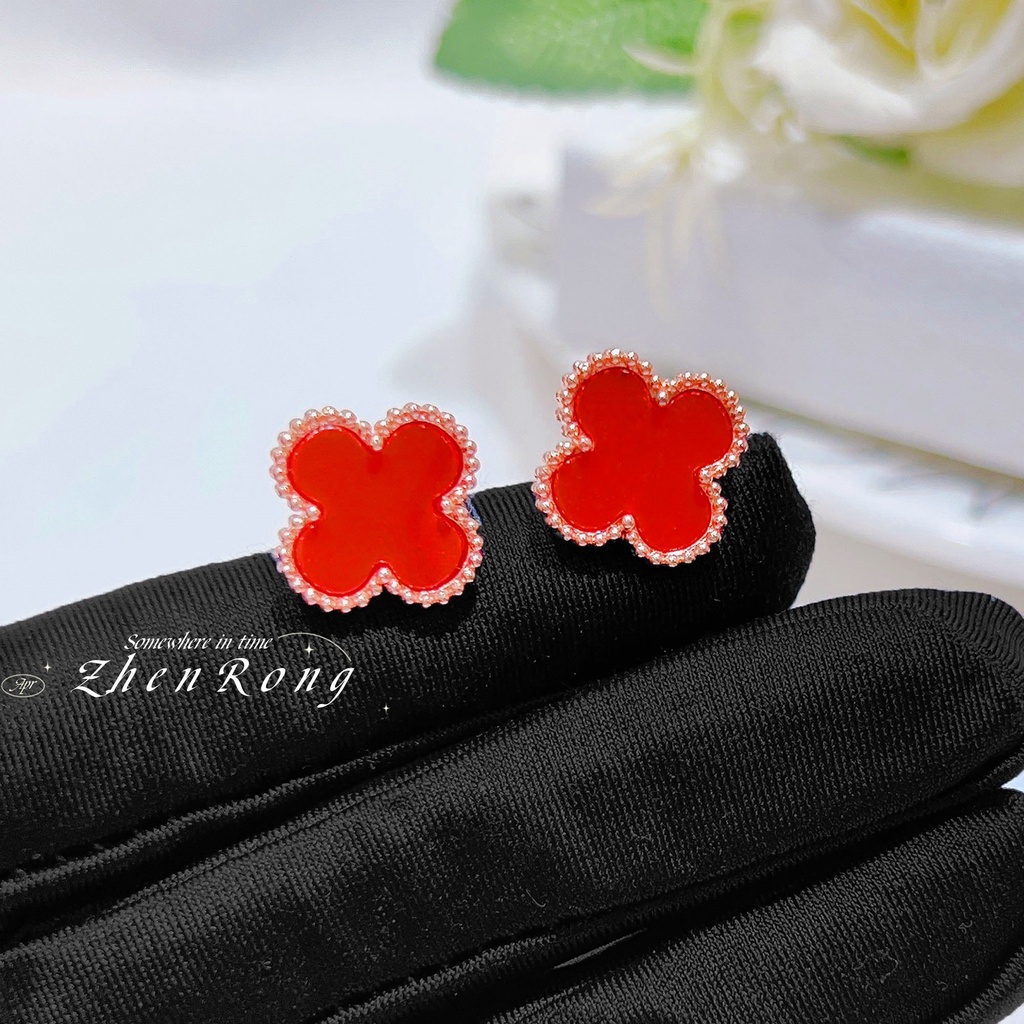 Goldkingdom Fashion Perhiasan Aksesoris Ready Stock Onyx Merah Empat Daun Semanggi Kalung Cincin Wanita Alami Carnelian Stud Earrings