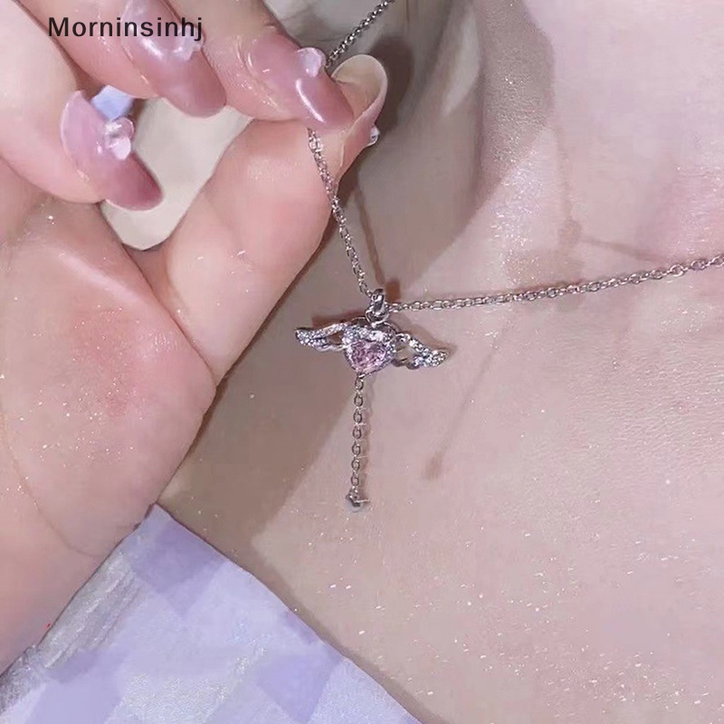 Mornin Kalung Liontin Hati Sayap Malaikat Kristal Pink Untuk Wanita Perhiasan Minimalis Rantai Leher Cewek id