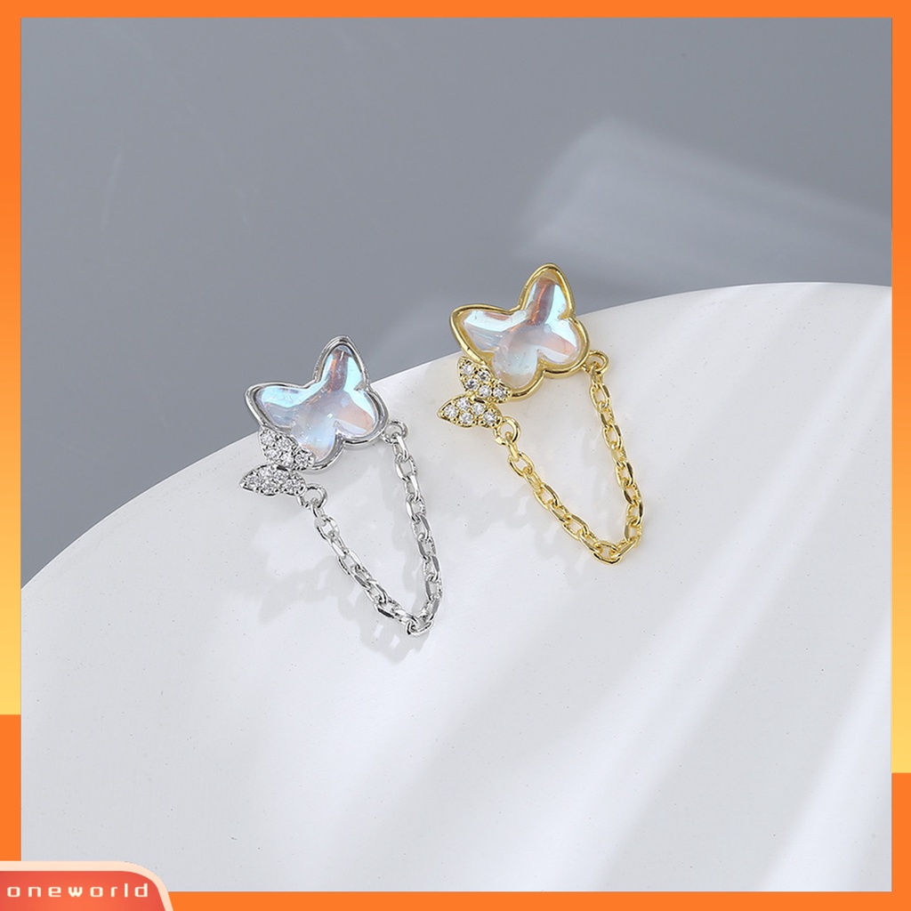 [EONE] 1pasang Ear Studs Mini Faux Moonstone Elegan Berlian Imitasi Tertanam Kupu-Kupu Rantai Wanita Anting Perhiasan Fashion