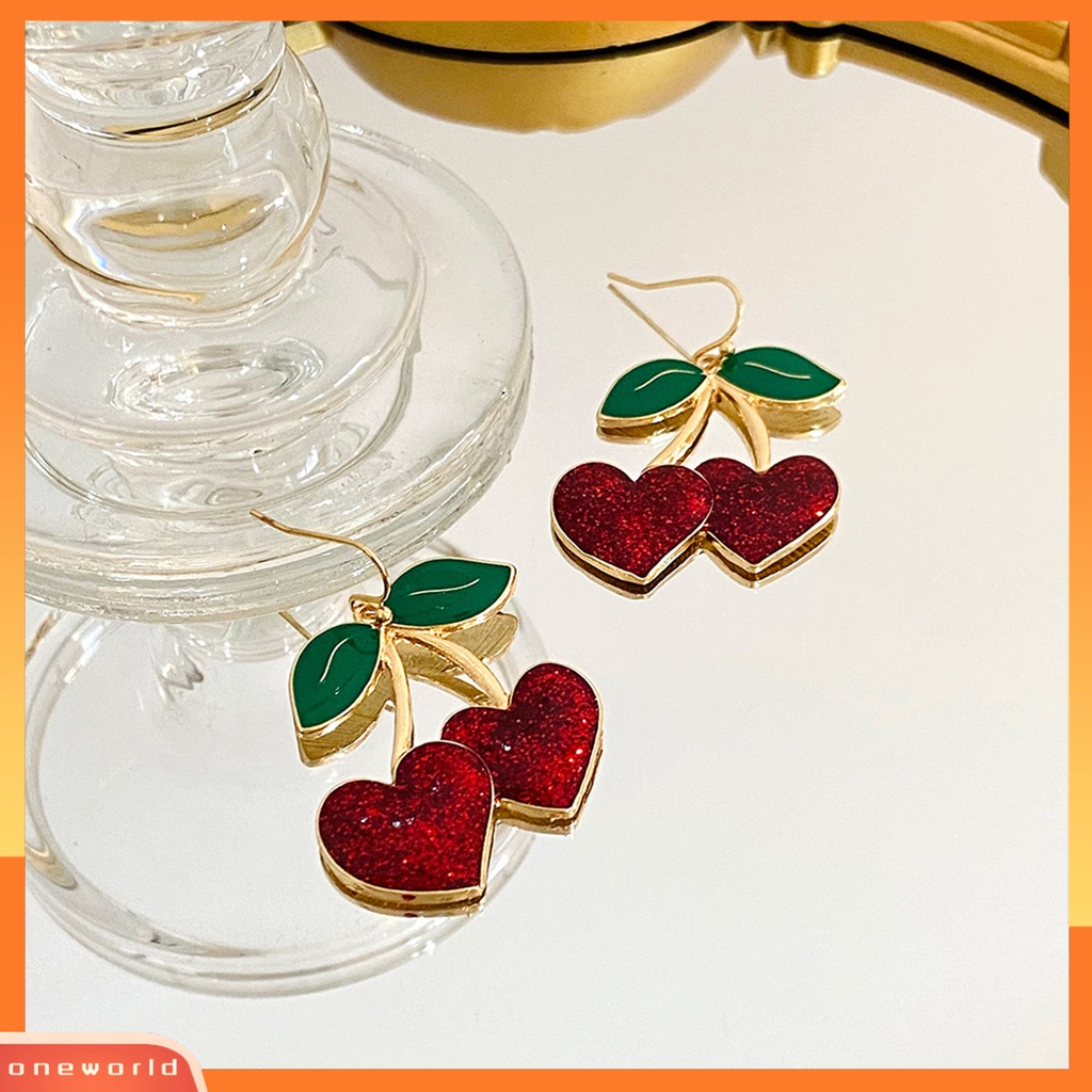 [EONE] 1pasang Anting Kait Lucu Bentuk Buah Daun Hijau Tetesan Minyak Cherry Merah Wanita Drop Earrings Fashion Perhiasan