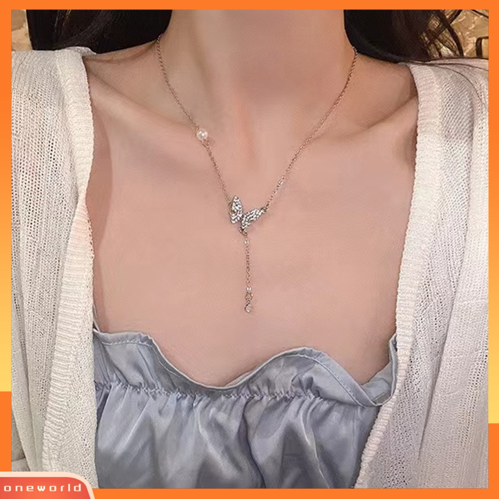 [EONE] Kalung Rumbai High-end Kupu-Kupu Mutiara Imitasi Cahaya Mewah Cubic Zirconia Leher Ornamen Temperamen Shiny Panjang Liontin Klavikula Kalung Perhiasan Aksesori