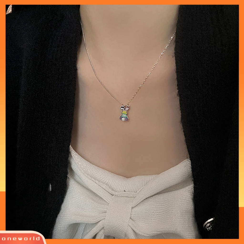 [EONE] Wanita Kalung Rainbow Oil-dripping Bergaris Mutiara Imitasi Elegan Kelinci Liontin Klavikula Kalung Fashion Perhiasan