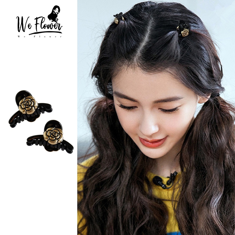 We Flower 1PC Retro Hitam Mini Gold Camellia Hair Claw Clips Untuk Wanita Perempuan Elegan Rambut Mengepang Klem Anak Jepit Rambut Klasik Bunga Aksesoris Styling Rambut