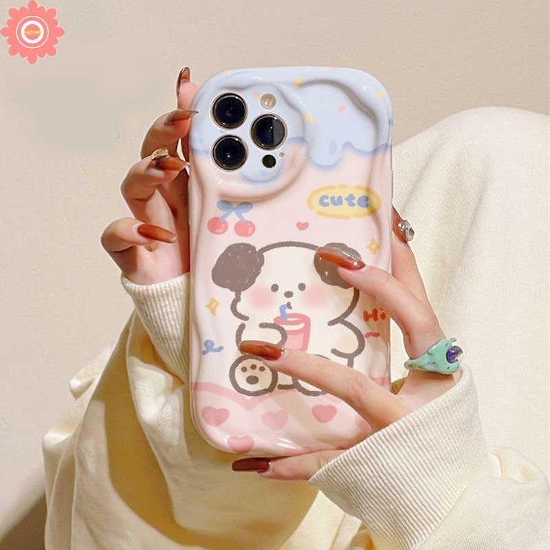 IPHONE Kartun Lucu Ice Cream Cherry Puppy Case Kompatibel Untuk Iphone11 14 13 12 Pro Max XR 7Plus 6s 6 7 8 Plus X XS Max SE 2020 3D Wavy Curved Edge Glossy Shockproof Airbag Soft Cover