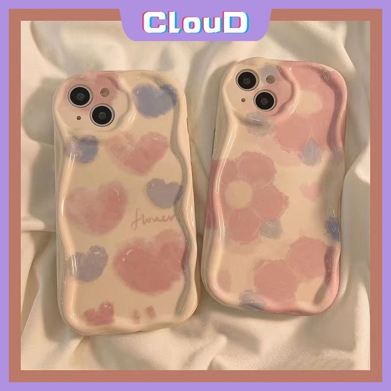 IPHONE Casing Bunga Cat Air Kompatibel Untuk Iphone11 14 12 13 Pro Max8 6s 7 6 Plus XR X XS Max 7Plus SE 2020 8Plus Shockproof 3D Wavy Curved Edge Soft Glossy Love Heart Cover