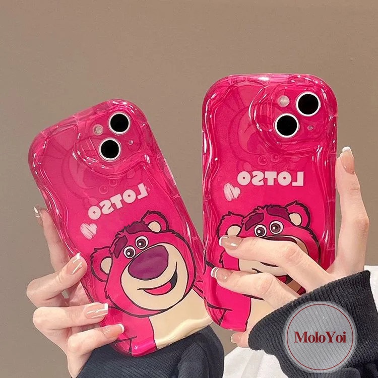 IPHONE Kartun Keren Beruang Strawberry Memakai Sunglasse Case Kompatibel Untuk Iphone11 12 XR 13 14 Pro Max X 7 8 6s 6 Plus XS Max SE 2020 3D Bergelombang Melengkung Tepi Glossy Shockproof Soft Cover