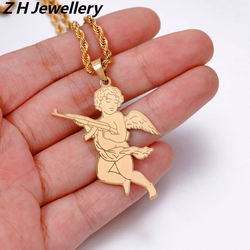 Z H Perhiasan Emas 18K 24K Gold S925 Perak Vintage Punk Guardian Angel Pendant Pria Dan Wanita Fashion Anti Karat Roda Takdir Kalung Hip Hop Aksesoris Pesta