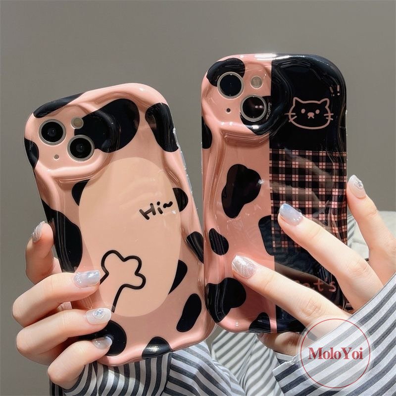 IPHONE Casing Tahan Guncangan Kotak-Kotak Leopard Kucing Lucu Kompatibel Untuk Iphone14 13 11 12 Pro Max 7Plus XR 6s 6 7 8 Plus X XS Max SE 2020 3D Wavy Curved Edge Glossy Airbag Soft Cover