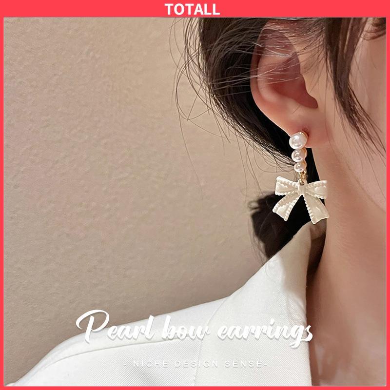 COD Anting S925 Simpul Busur Mutiara Perak Off-white Desain Anting Rasa untuk Wanita-Totall