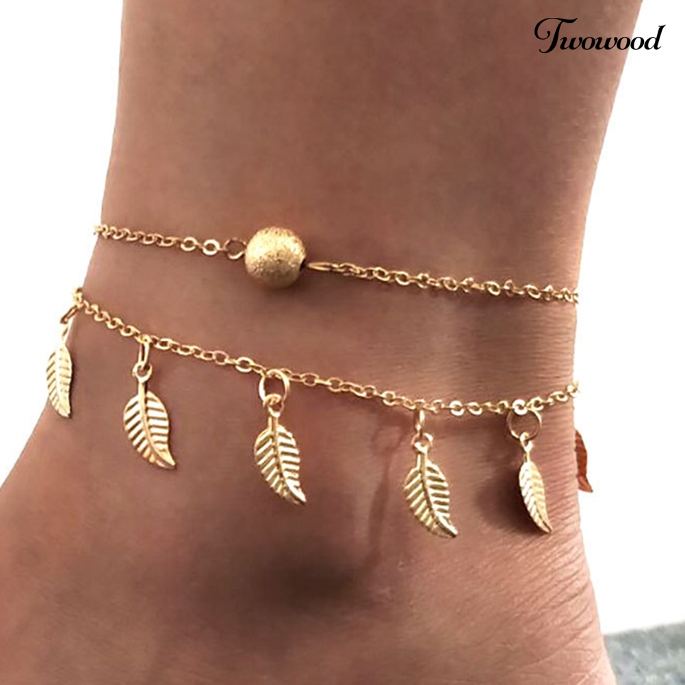 Twowood Double Layer Leaves Charm Anklet Kaki Rantai Musim Panas Wanita Sandal Ankle Bracelet