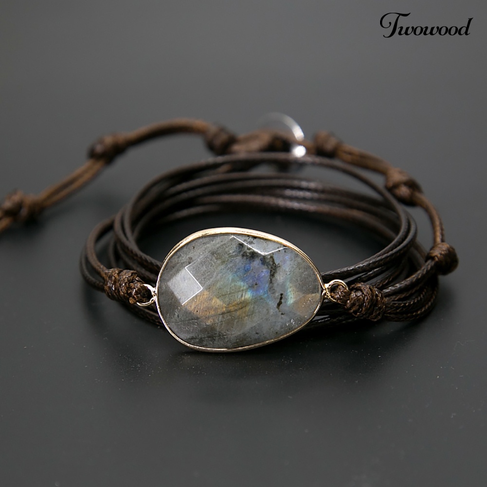 Twowood Boho Unisex Multi Layer Simpul Tali Lilin Labradorite Stone Charm Handmade Gelang