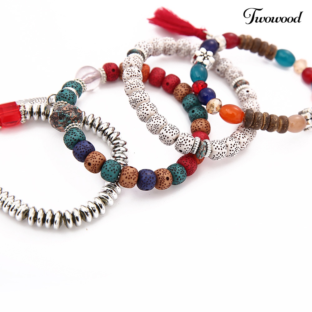 Twowood Bohemian Wanita Rumbai Sayap Disc Pesona Batu Alam Manik-Manik Multilayer Gelang