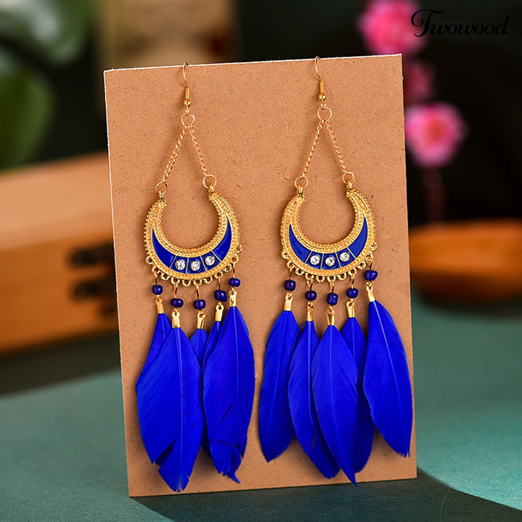 Twowood 1pasang Lady Drop Anting Gaya Bohemia Etnik Bulu Sintetis Indah Lady Boho Menjuntai Anting Prom Perhiasan