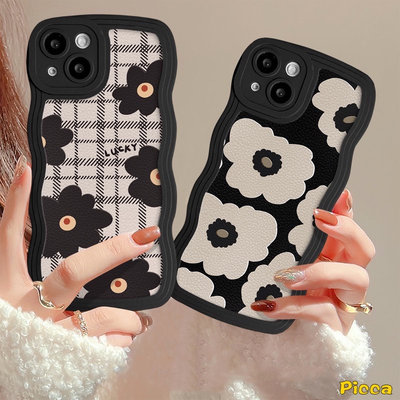 Casing Bunga Hitam Retro Kotak-Kotak Untuk Redmi Note 10s 11s 8 9 11 10 9s Pro Redmi 9C 9A 10C 12C A1 10A 9T 9 10 A1+Mi 11T Pro POCO M3 X3 NFC Pro Wavy Edge Soft Tpu Back Sarung